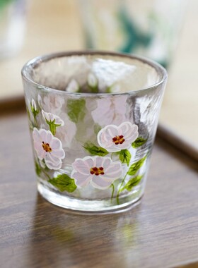 小清新日式锤纹手绘水晶玻璃杯 圆形少女心水杯果汁杯 早餐杯子