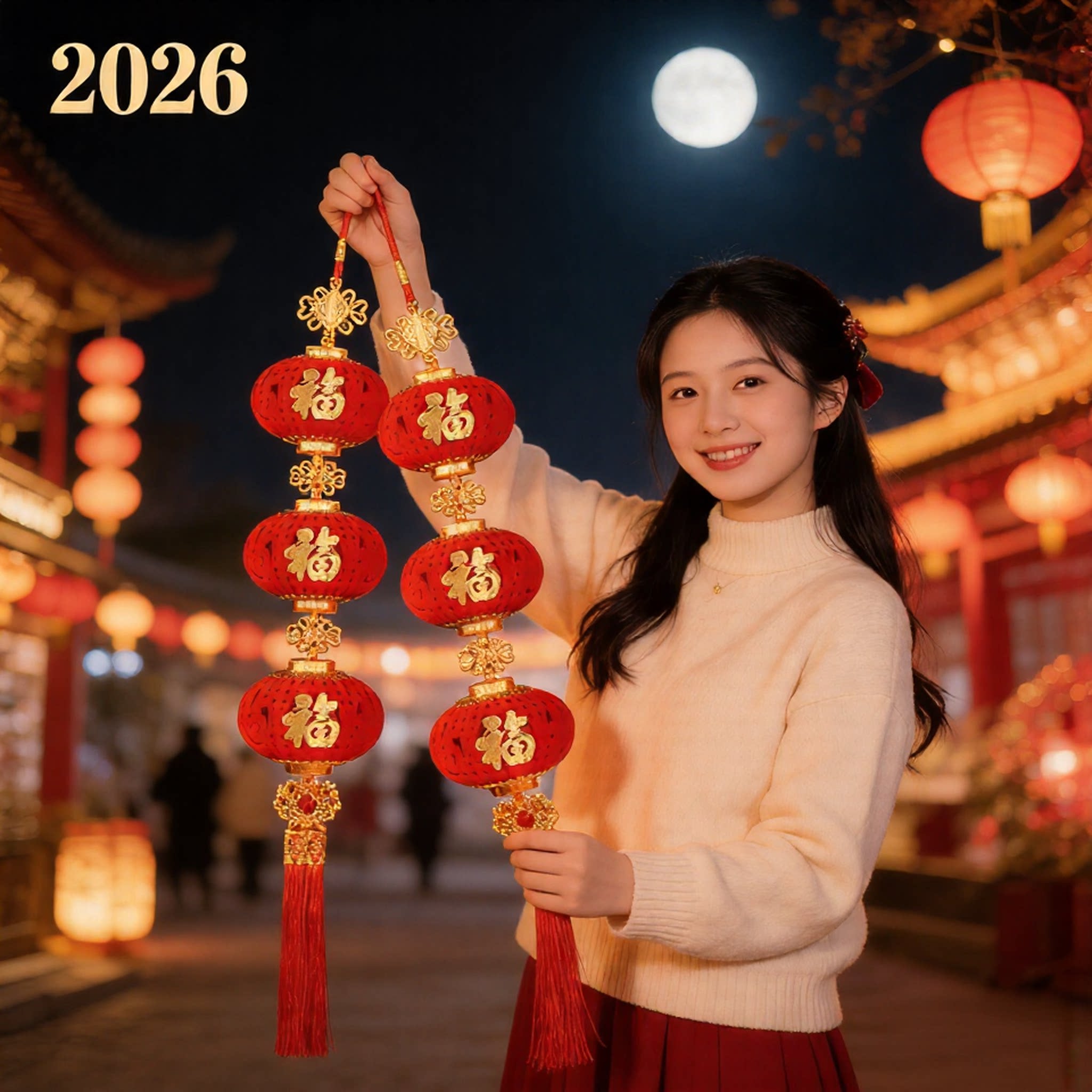 新年植绒小红灯笼串春节户外树上室内装饰乔迁场景布置流苏挂饰