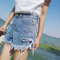 Mùa hè 2018 mới học sinh Hàn Quốc quần short quần jeans ống rộng cạp cao quần ống rộng quần nữ - Quần jean quần áo nữ