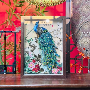 富贵吉祥孔雀桌面摆台画玄关茶室装饰画乔迁伴手礼非遗剪纸挂画