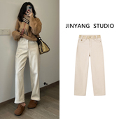 休闲长裤 加绒加厚 冬季 老钱风牛仔九分直筒裤 子 2025高腰弹力女装