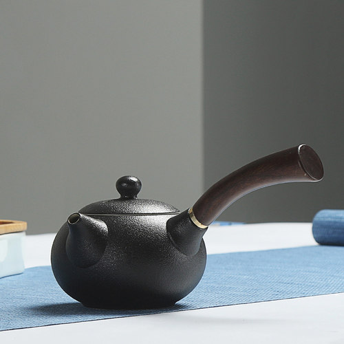 手工黑陶日式仿古木柄功夫茶壶