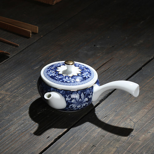 新品 锦上添花侧把青花瓷茶壶 悦心壶手工陶瓷壶功夫茶具描金壶 - 封面