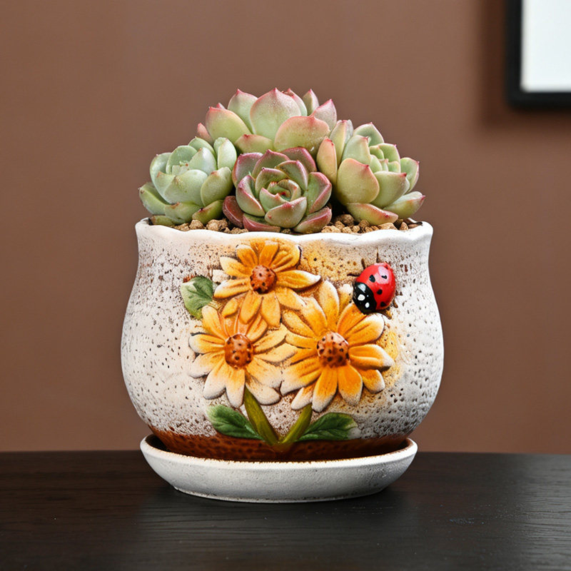 田园风立体花朵多肉花盆带托盘创意陶瓷绿植盆栽可爱瓢虫装饰盆