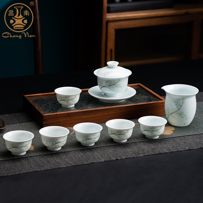 景德镇昌南青瓷雅竹盖碗茶杯一套