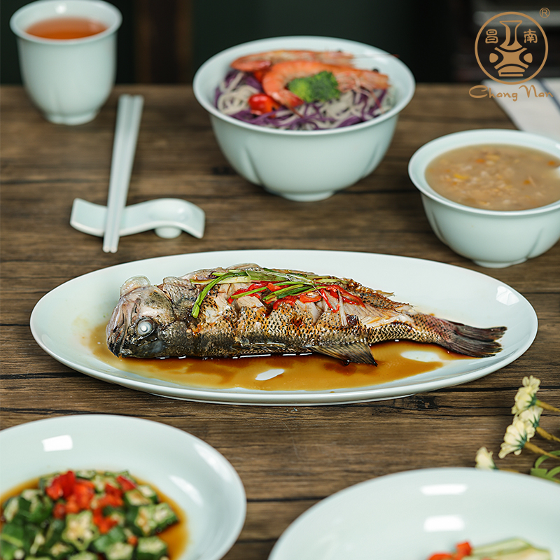 昌南影青瓷12英寸大鱼盘景德镇陶瓷蒸鱼盘家用釉下彩椭圆形长盘子