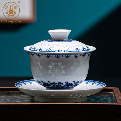 景德镇青花玲珑瓷白瓷盖碗三件套