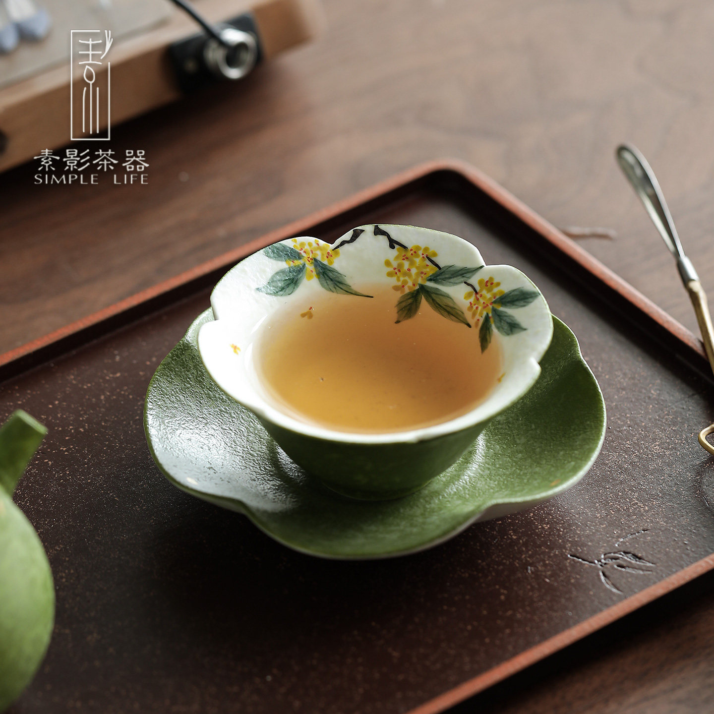 手绘桂花陶瓷茶杯花瓣形茶盏品茶器具粗陶绿色中式创意花边品茗杯
