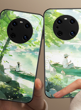 小清新适用华为mate60pro手机壳pura80夏日绿色nova14玻璃p40风景水墨画m30荣耀x70高级感400magic8畅享70pro
