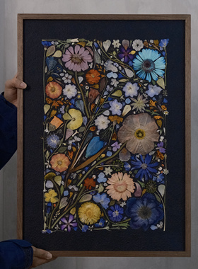 《桃子与克莱因蓝》现货纯手工制作花卉标本画框42*60cm装饰画