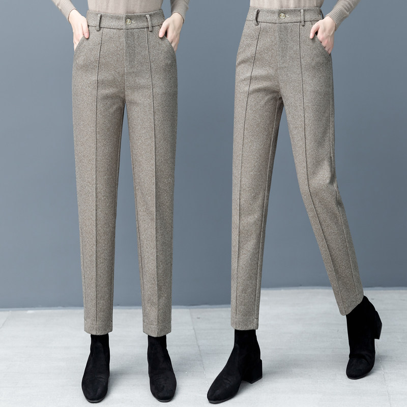 半松紧腰毛呢哈伦裤女九分裤2020秋冬季新款妮子休闲裤时尚烟管裤