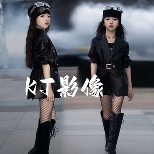 女童模卡黑色炫酷皮衣主题T台走秀舞台表演出服儿童摄影个性 写真