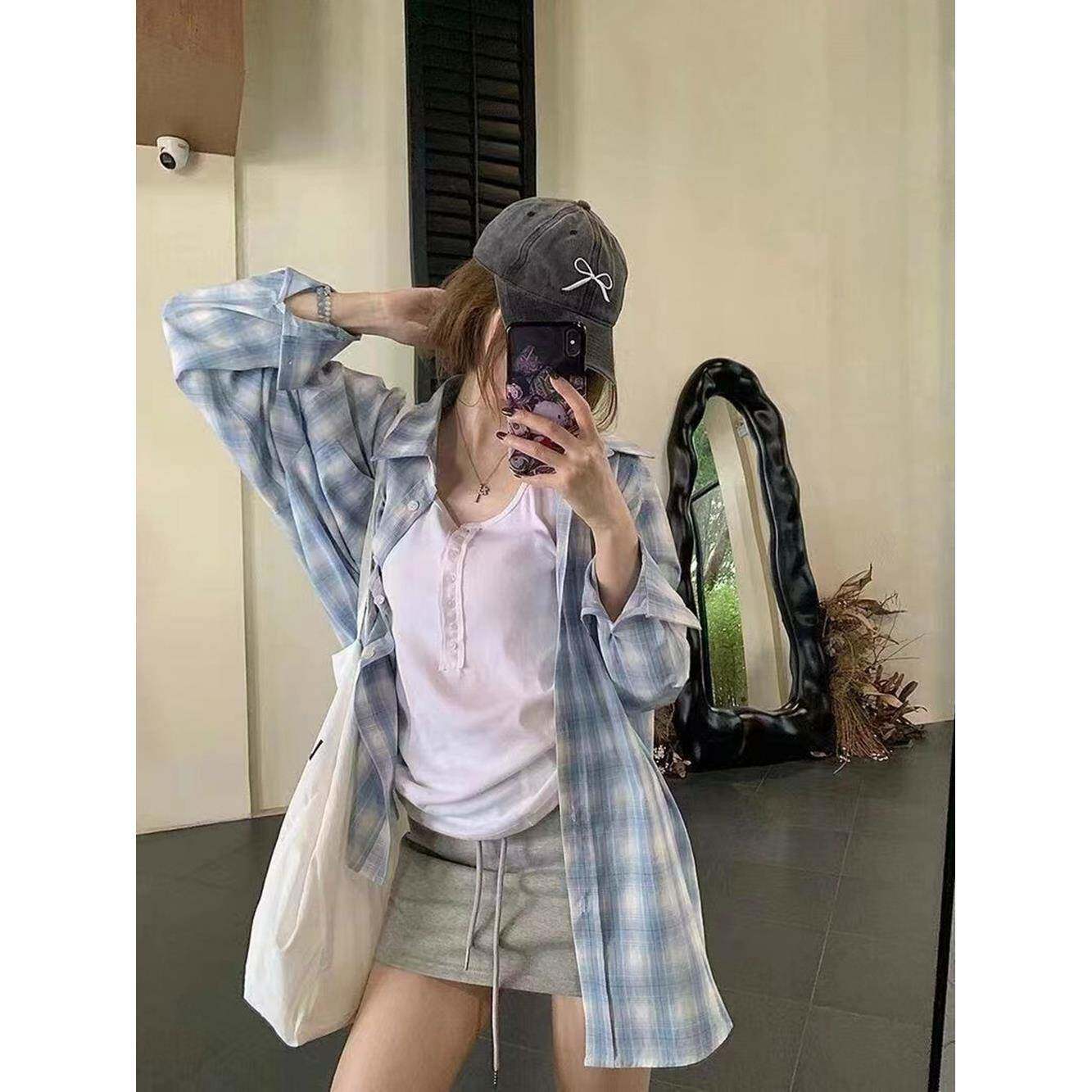 慵懒风领格子长袖衬衫女款夏季薄款休闲宽松防晒衬衣外搭上衣