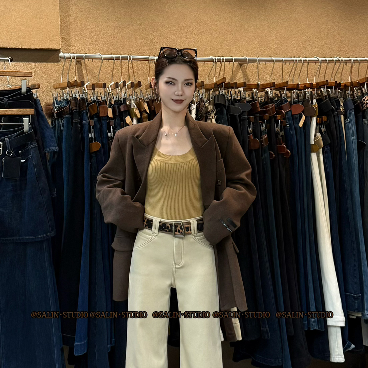 SALIN莎琳冬上新复古风水洗微喇牛仔裤配腰带7663-3复合