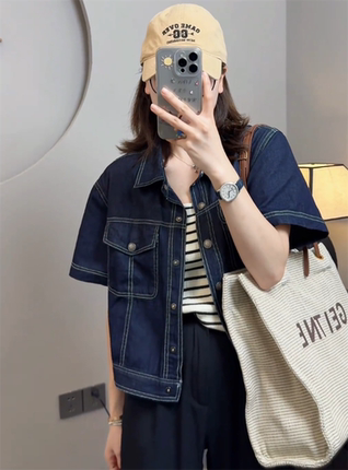 正品短款牛仔短袖衬衫女2025夏季新款设计感休闲显瘦薄款开衫上衣