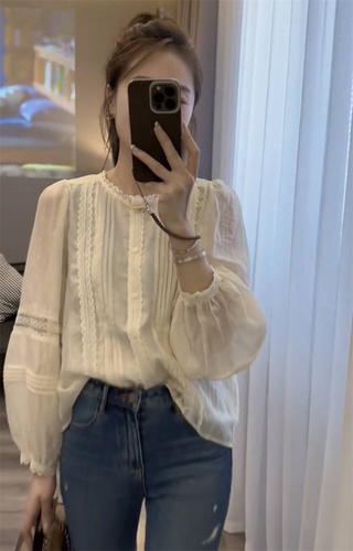 蕾丝拼接衬衫女泡泡袖显瘦上衣