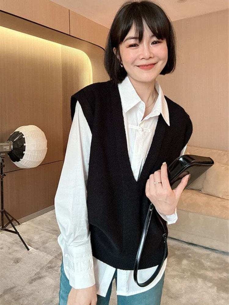 国风叠穿马甲衬衫套装女早春季穿搭一整套盘扣衬衣针织背心两件套