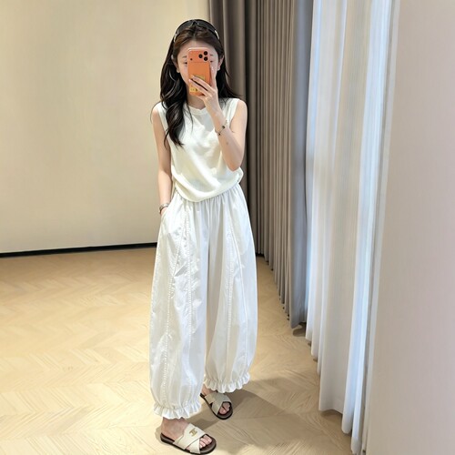 松弛感夏季薄款九分花边阔腿裤