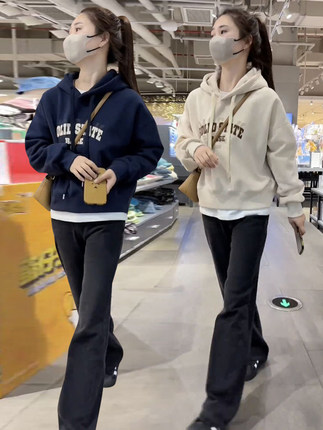 设计感小个子洋气短款连帽加绒加厚卫衣女2024秋冬装爆款宽松上衣