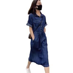 正品薄款天丝牛仔连衣裙女2026夏季新款收腰显瘦中长款牛仔裙长裙