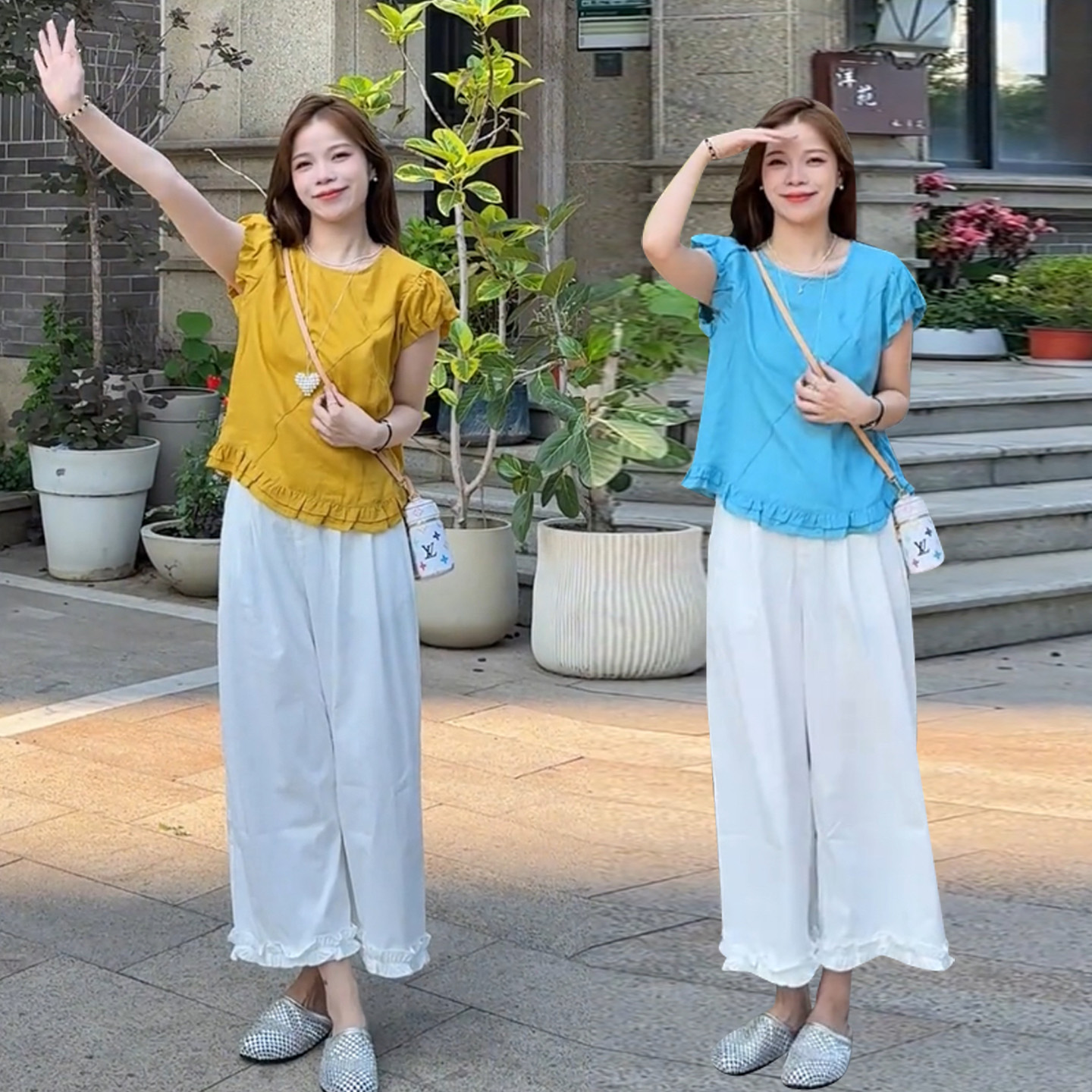 爆款设计感夏季两件套女装荷叶边短袖小衫花边阔腿九分裤时尚套装