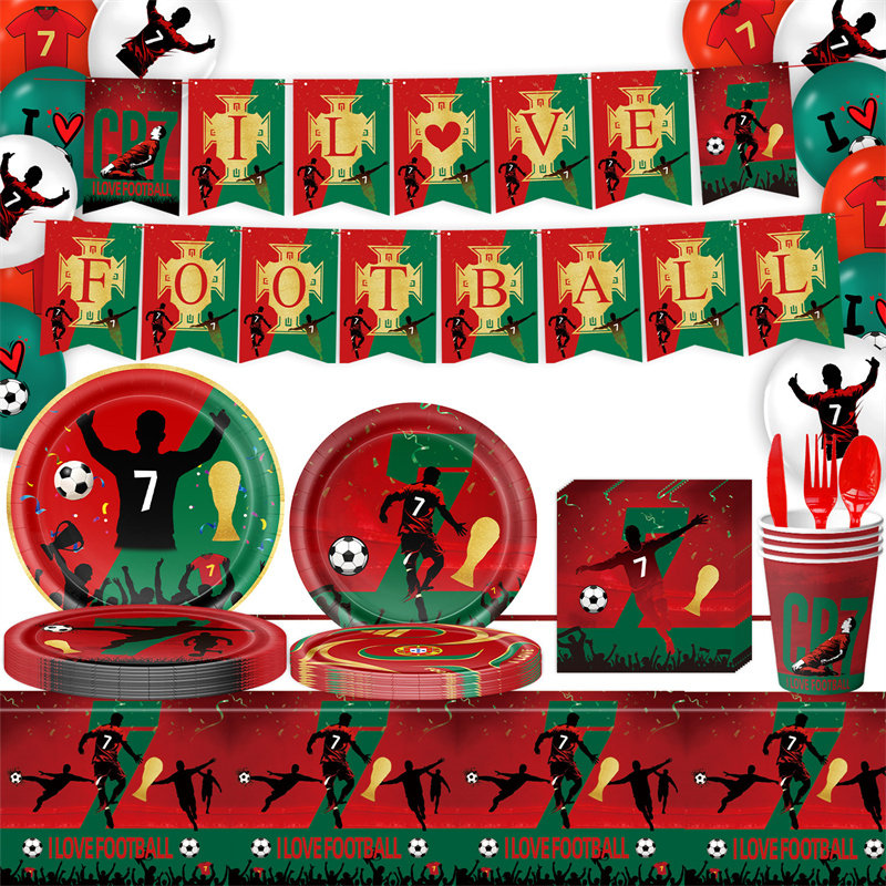 足球明星C罗主题生日派对装饰餐具桌布纸盘纸杯纸巾横幅气球海报