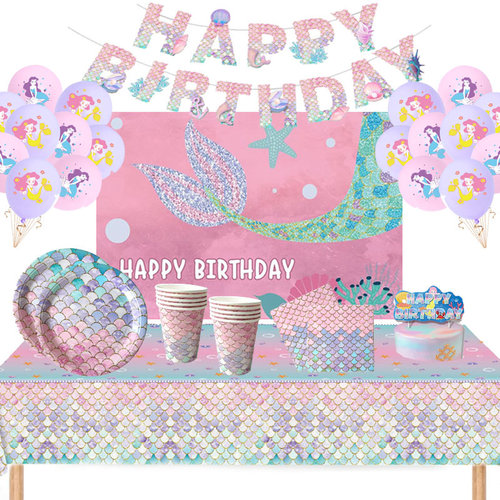 美人鱼生日装饰桌布拉旗气球海报