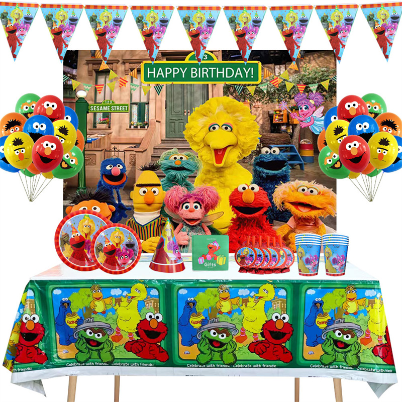 芝麻街儿童生日派对装饰桌布蛋糕纸盘纸杯帽拉旗气球背景挂布海报