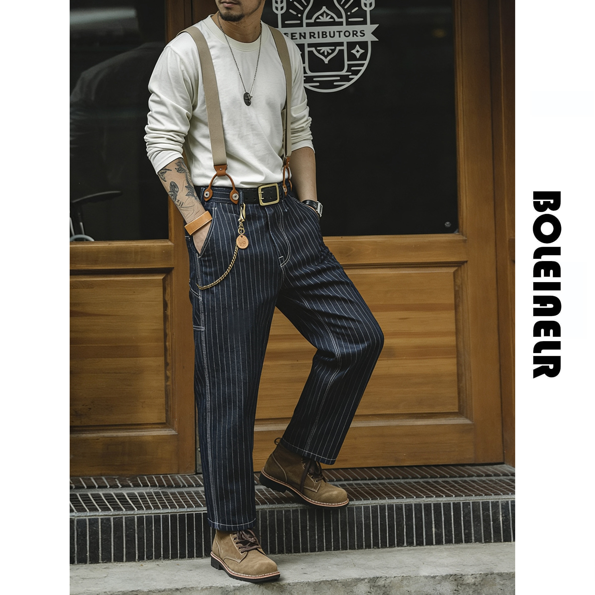 复古阿美咔叽阔腿条纹牛仔裤