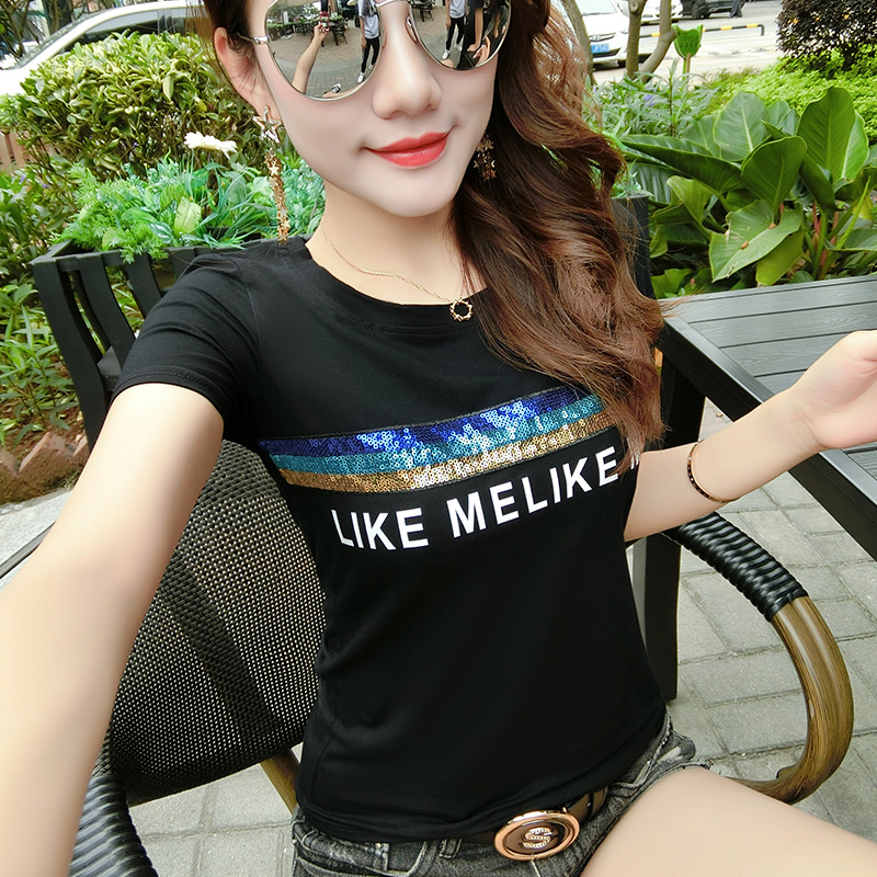 Å·ÖÞÕ¾2018пîŮʿÏļ¾ÁÁƬ×Öĸt-shirtÐÞÉíÏÔÊݰٴÃÞ¶ÌÐätÐô