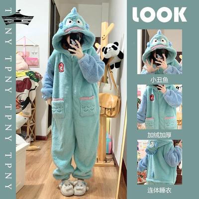少女小丑鱼珊瑚绒连体睡衣女加绒加厚冬季新款居家毛绒睡袍一体式
