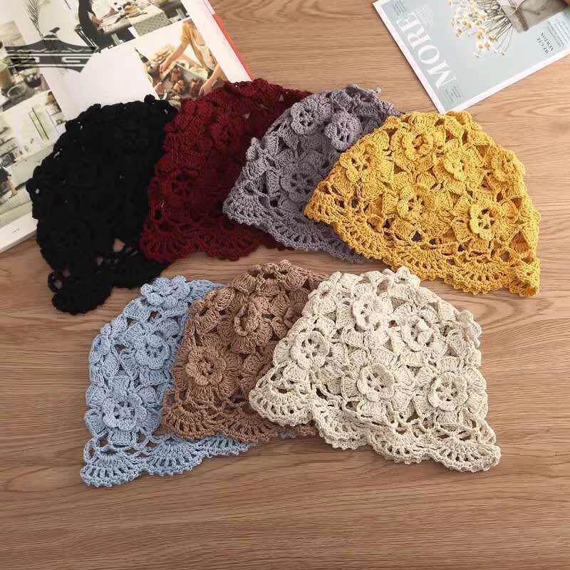 手工编织花朵镂空薄帽春夏季蕾丝透气头巾帽钩针包头棉线帽子女