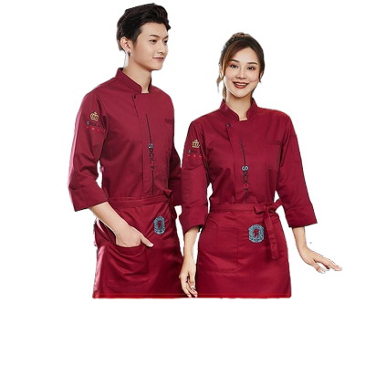 酒店防水厨师工作服长袖中国风男女秋冬餐饮餐厅后厨房红色厨师服