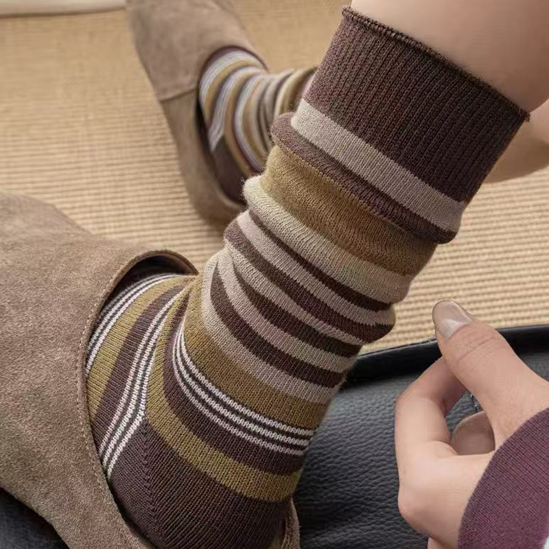 条纹袜子女秋冬款中筒袜复古撞色
