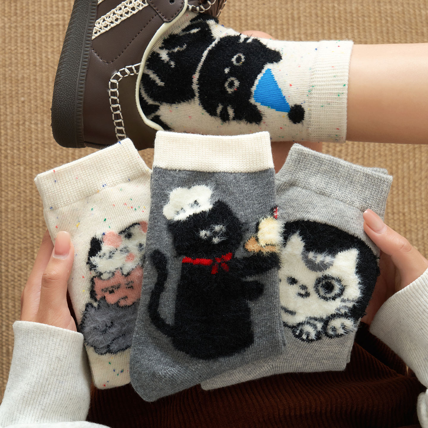 袜子女秋冬中筒袜植绒猫咪水貂绒小狗袜日系百搭显瘦堆堆袜毛毛袜