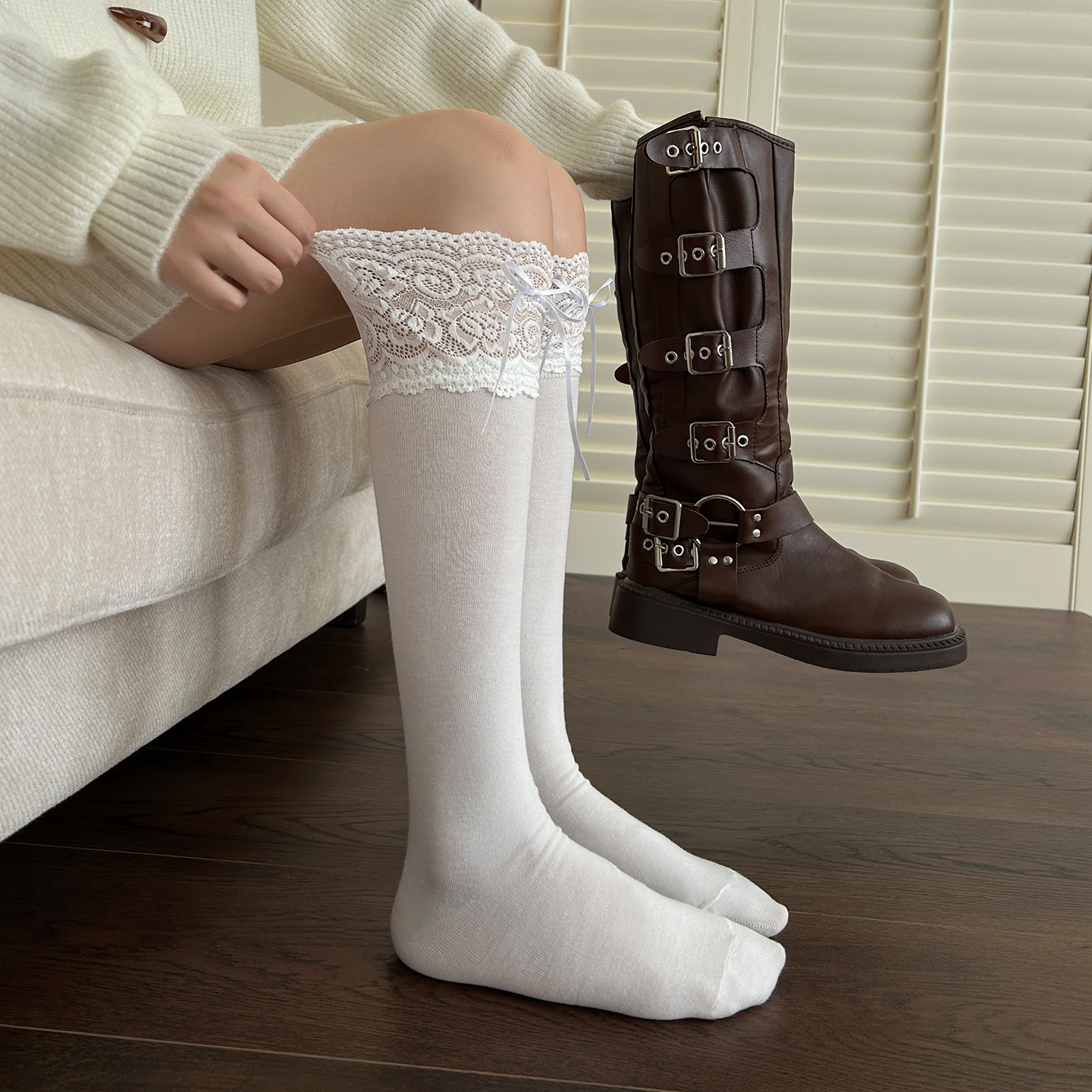 长筒袜女配靴子秋季新款蕾丝花边