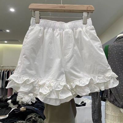 韩系木耳边短裤女2025春季新款花苞休闲少女感松紧腰花边裤子210J