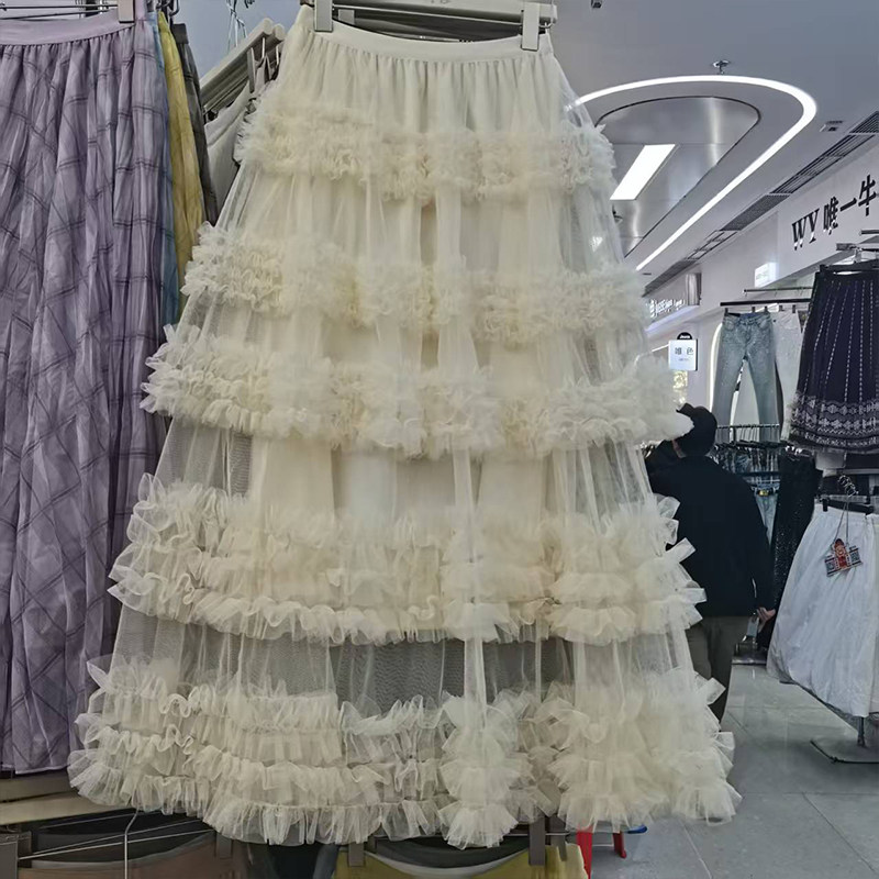 度假风仙女气氛网纱层层重工拼接大裙摆蛋糕叠穿半身裙蓬蓬长裙子