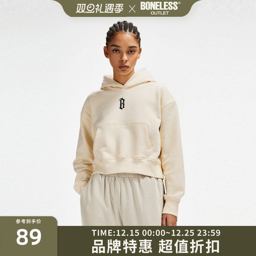 BONELESS基础B字胶浆印花帽衫美式高街复古春秋重磅短连帽卫衣女
