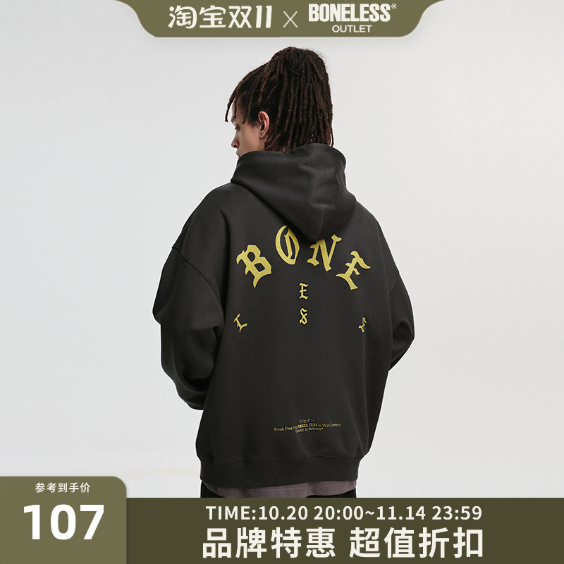 BONELESS哥特LOGO排版帽衫美式潮牌连帽卫衣圆领重磅高街宽松上衣