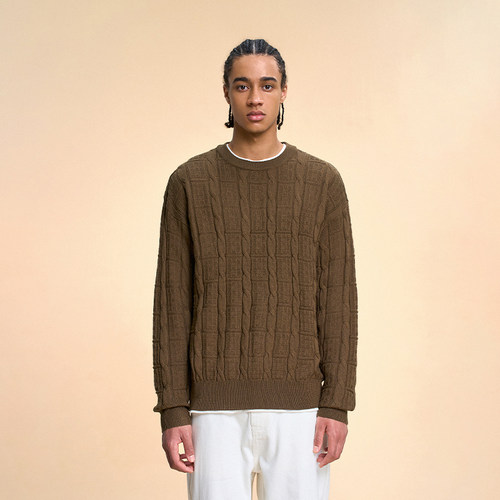 BONELESS圆领暗纹B字logo毛衣简约麻花宽松羊毛套头保暖针织上衣