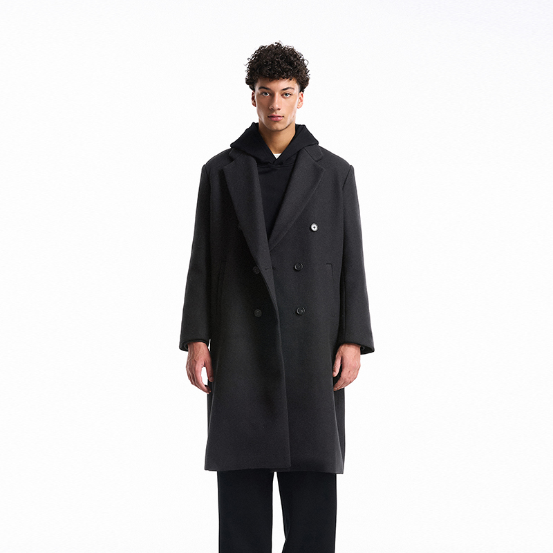 BONELESS廓形毛呢长款大衣简约翻领双排扣宽松高级感宽松秋冬外套
