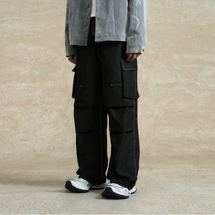 双褶街头潮流长裤 抽绳大口袋宽松直筒裤 伞兵裤 BONELESS撞色线工装