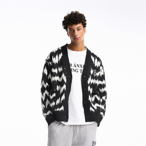 BONELESS马海毛瀑布纹开衫宽松V领街头潮流羊毛毛衣针织刺绣外套