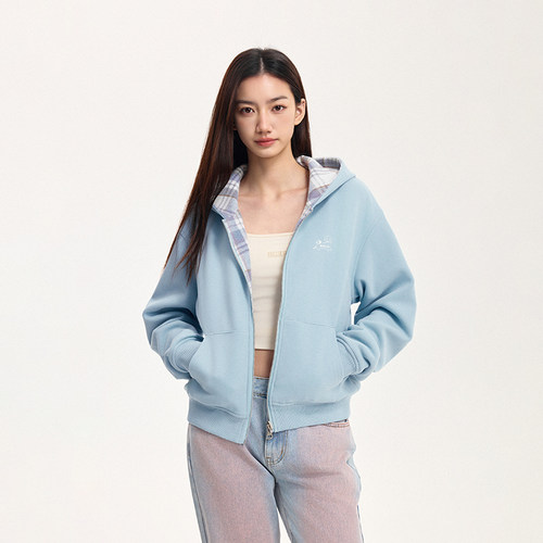 BONELESS春季2025新款双面穿小狗印花短款连帽卫衣外套女士开衫