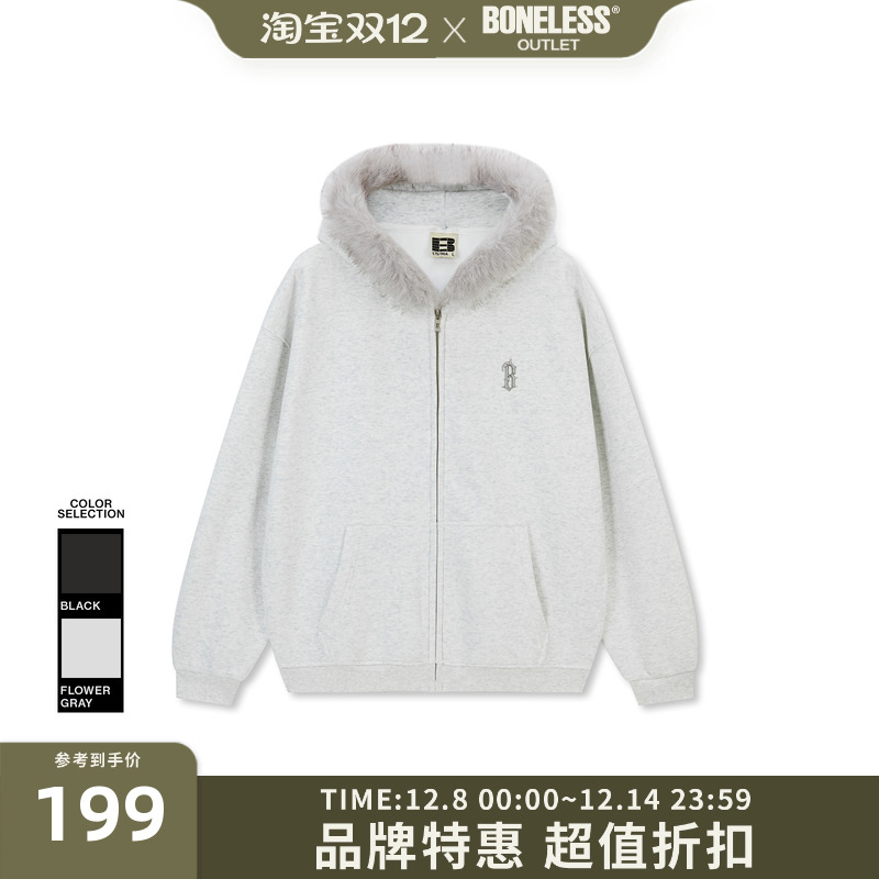 BONELESS金属哥特B毛领连帽开衫卫衣秋冬宽松休闲情侣拉链外套潮