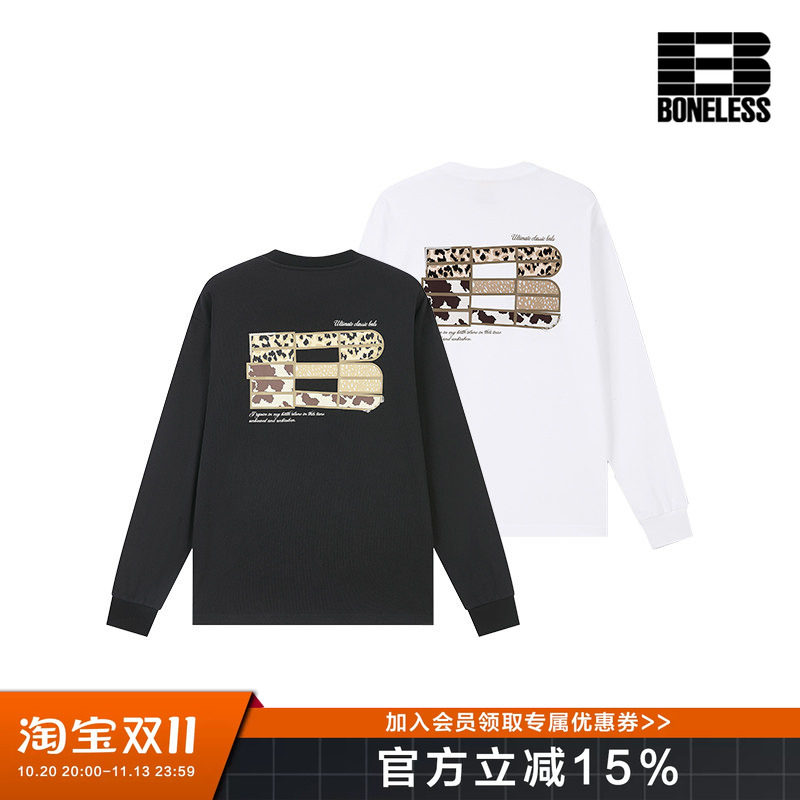 BONELESS豹纹网格B印花长袖T恤潮牌宽松软糯亲肤纯棉休闲圆领上衣