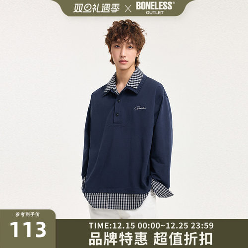 BONELESS春季2025新款假两件层纹POLO领刺绣卫衣外套男女宽松上衣