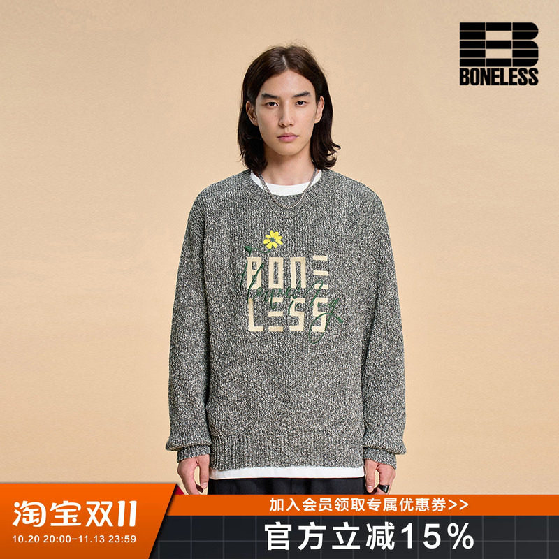 BONELESS花花刺绣LOGO毛衣纯棉圆领针织衫宽松百搭潮牌套头上衣