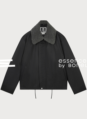 打褶短款夹克黑色抽绳宽松可拆毛领外套支线Essence by BONELESS